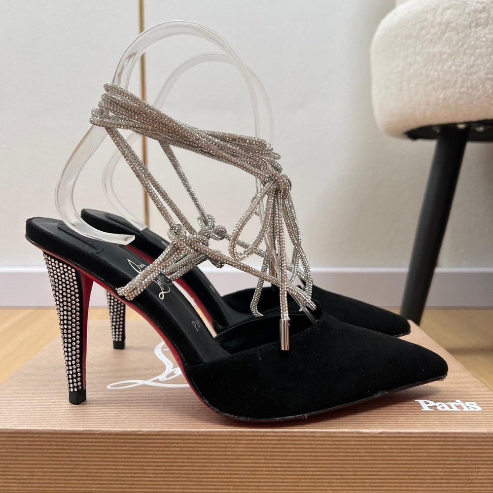 Louboutin Black Pumps, Rhinestone Stiletto & Straps